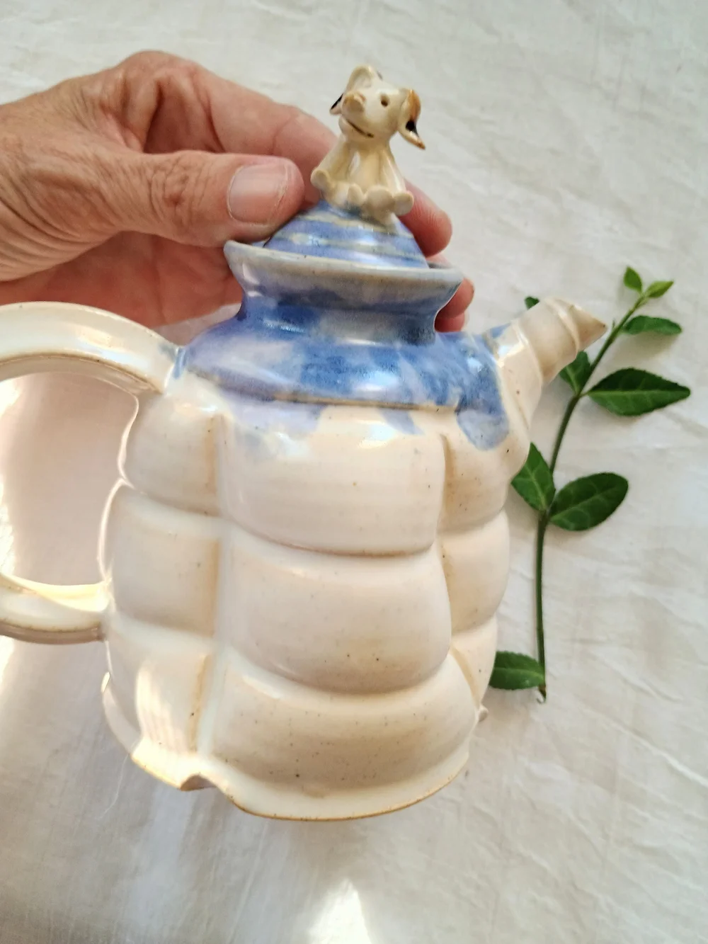 💙 STUDIO POTTERY 💙 Artisan, Hand-Thrown Pottery Teapot w Dog Accent, Quiet Lux